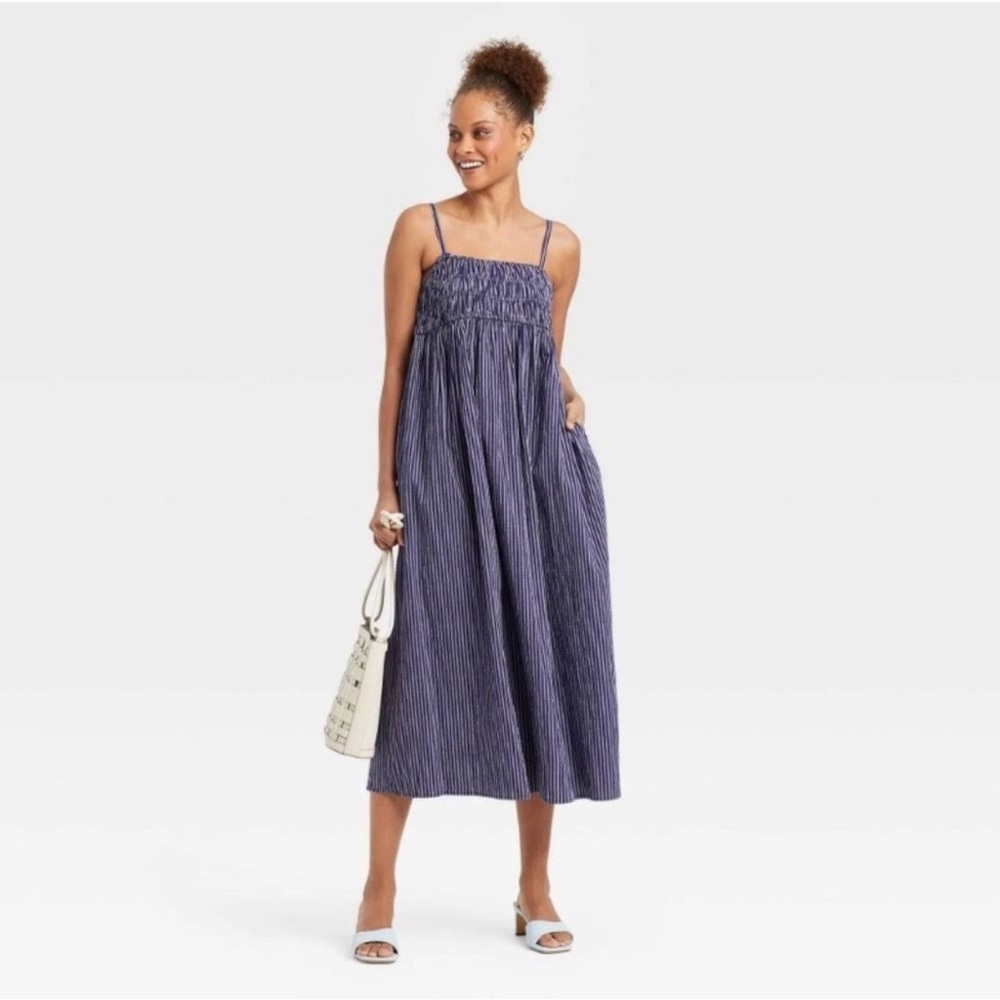 NWT A New Day Navy Smocked Striped Maxi Dress. Size Large.